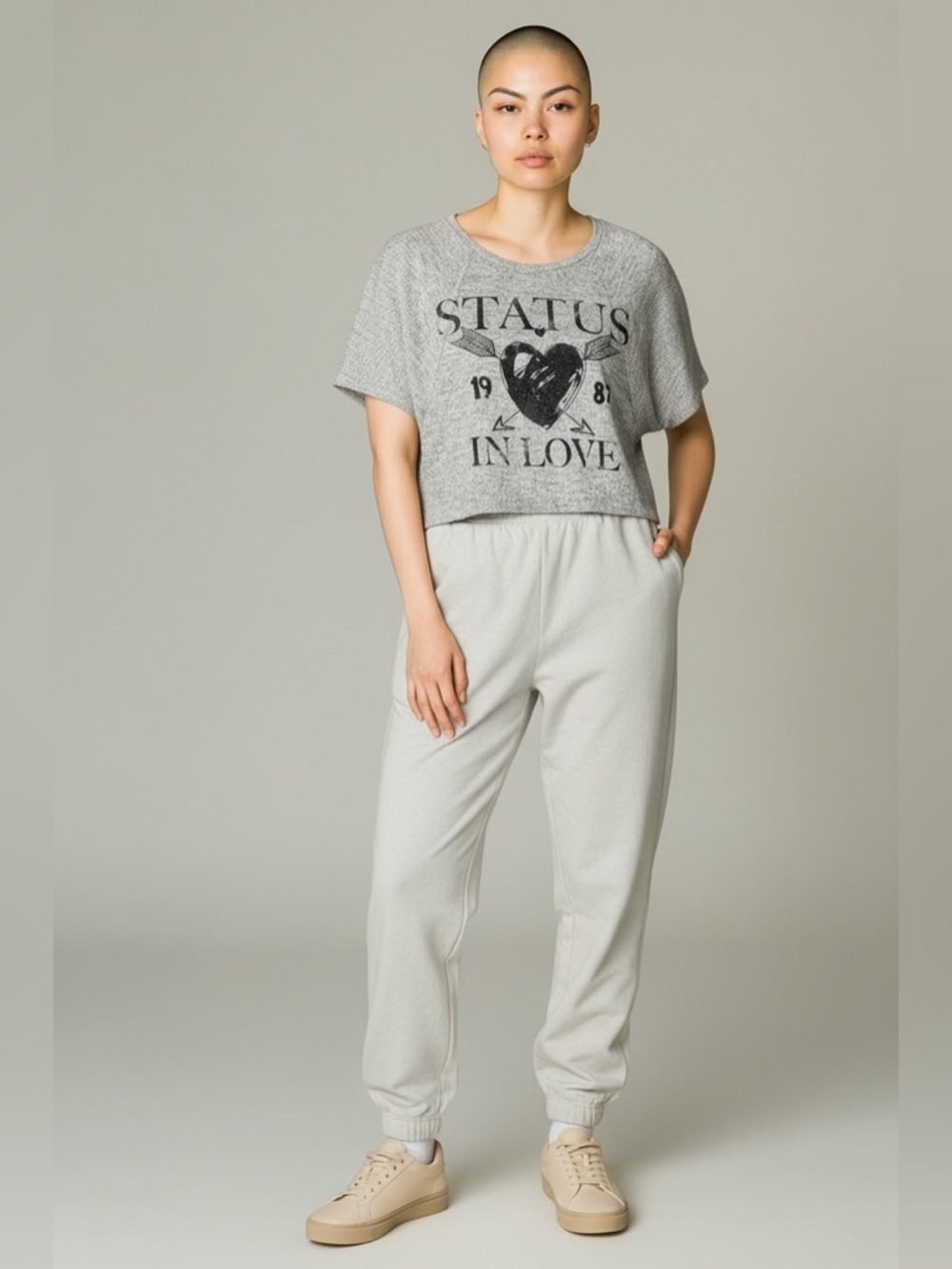 Stranded Shirt Womens XL Gray Status In Love Heart Graphic Cropped Dolman Tee